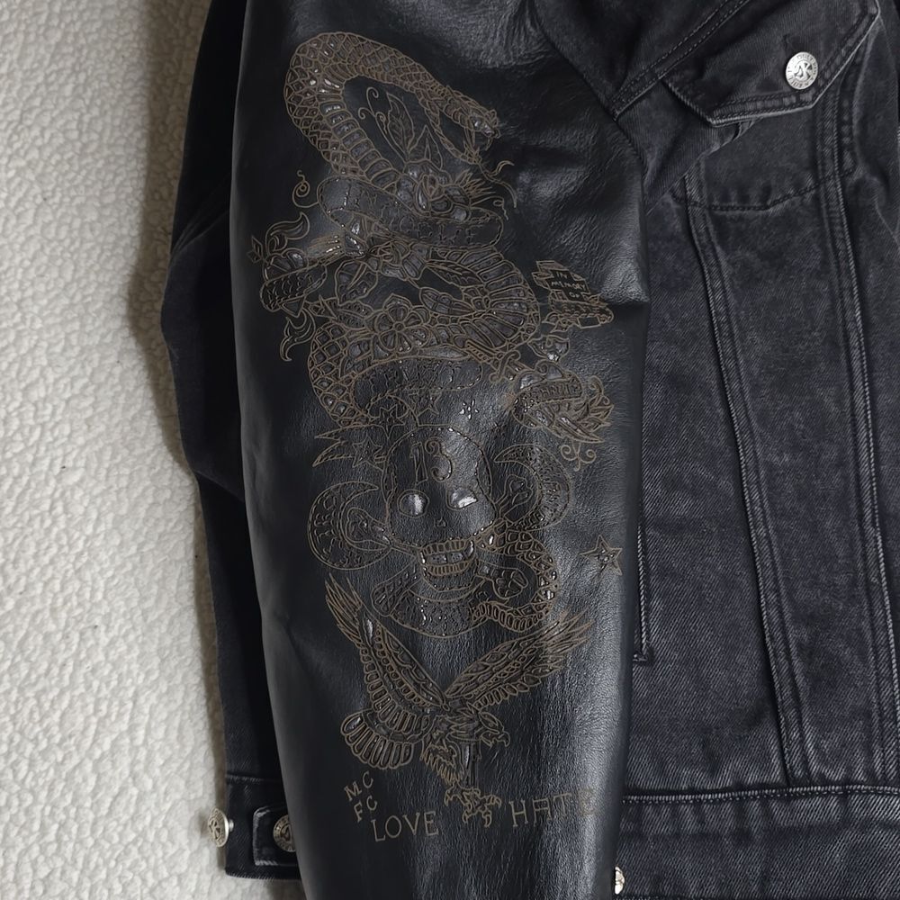 John Richmond - Denim and Laser Cut Leather Jacket in Black Large - Picture 14 of 16